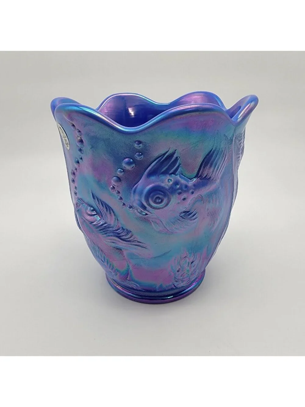 Fenton Glass 2004 Atlantis Periwinkle Iridescent Blue Fish Vase